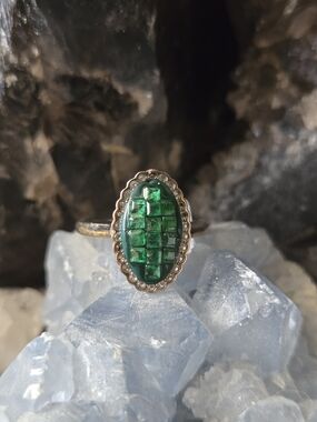 Genuine Natural Emerald Mosaic Oval 925 Sterling Silver Ring. Size 6